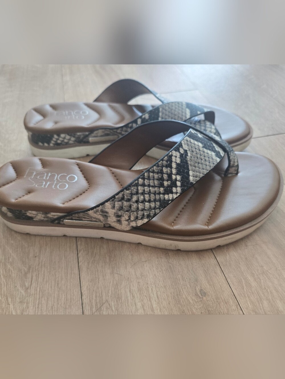 Franco Sarto Brown and Black Snake-Print Thong Sandals